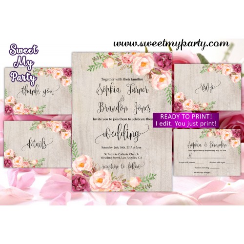Floral Wedding Invitation set,Blush Wedding invitation set,(31w)